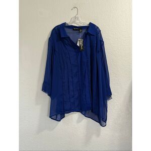 New Maggie Barnes royal blue sheer beaded tunic shirt 5X button down
